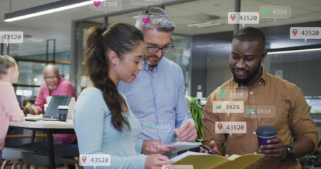 Image of changing numbers and icons in notification bars, diverse coworkers discussing reports. Digital composite, multiple exposure, business, teamwork, social media and technology concept.の写真素材