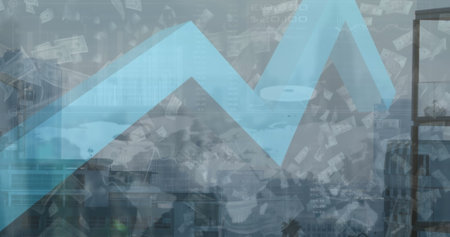 Image of financial data processing and american dollar bills falling against view of cityscape. Global economy and business technology conceptの写真素材