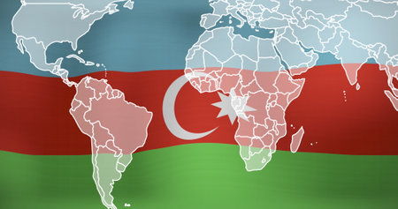 Image of digital map moving over waving national flag of azerbaijan. Digitally generated, patriotism, freedom, illustration, cartography, travel, geography and government concept.の写真素材
