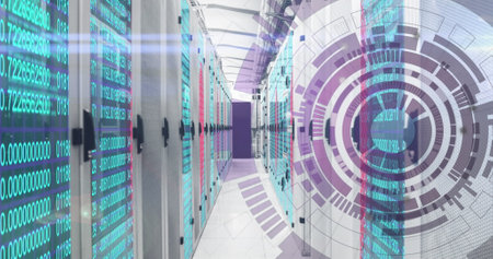 Image of arc reactor and changing numbers over data racks in server room. Digital composite, multiple exposure, power supply, business, growth, technology, security, network server concept.の写真素材