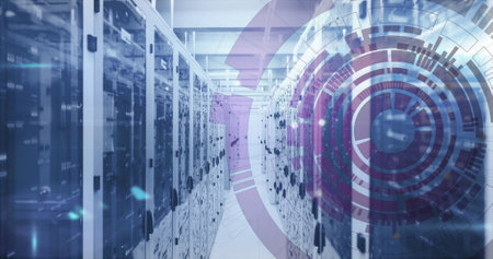 Image of arc reactor spinning over digital data racks in server room. Digital composite, circle,...