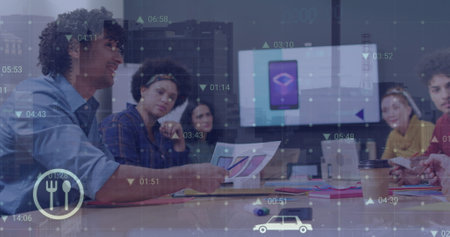 Image of multiple digital icons over biracial man discussing with diverse colleagues at office....