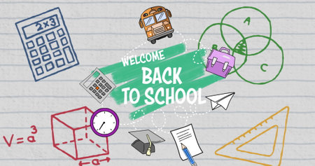 School-themed illustration displaying yellow bus, calculator, and backpack. Colorful drawings,...