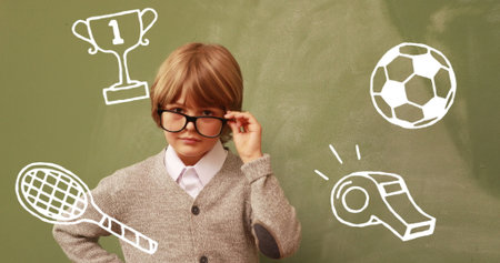 Caucasian student wearing glasses, adjusting them in school. He sports light brown hair, dressed in gray sweater with a white shirtの写真素材