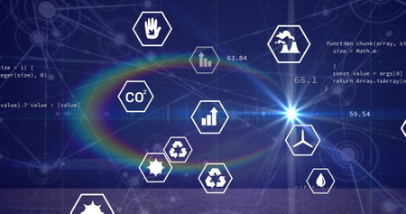 Image of renewable energy icons with connected dots and coding over lens flare. Digitally generated, telecommunicate, data processing, recycle, green technology, sustainable, environmental issue.の写真素材
