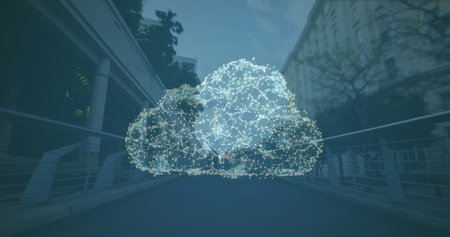 Image of network of connections forming cloud and security padlock icon against city bridge. Cyber...