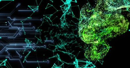 Image of illuminated connected dots and circuit board patterns with dynamic wave of dots. Digitally...