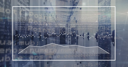 Image of graphs in rectangle and computer language over server room. Digital composite, multiple...