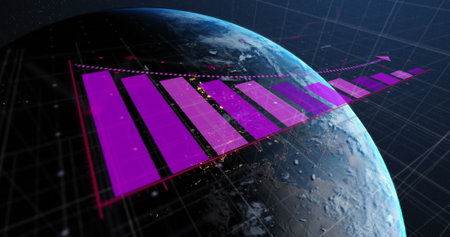 Image of statistics and data processing over globe. Global business, connections, computing and data processing concept digitally generated image.の写真素材