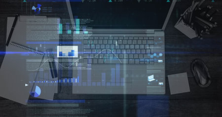 Laptop showing graphs and code overlays on dark desk. Robotic arm holding tools, notebook open, and...