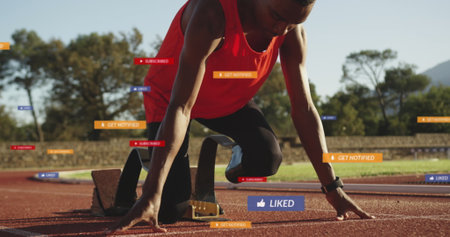 Image of notification bars, african american athlete with prosthetic legs at starting line. Digital...