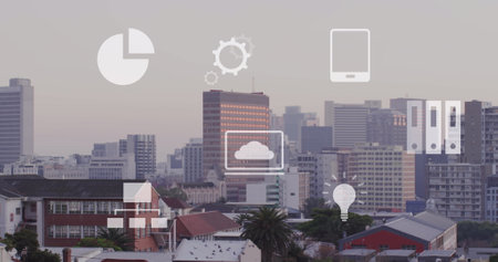 Image of multiple icons over modern cityscape against sky. Digital composite, multiple exposure,...
