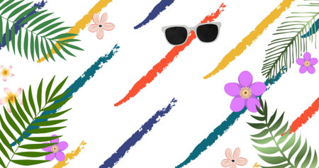 Sunglasses lying on vibrant tropical leaves and flowers. Colorful stripes adding dynamic contrast to...