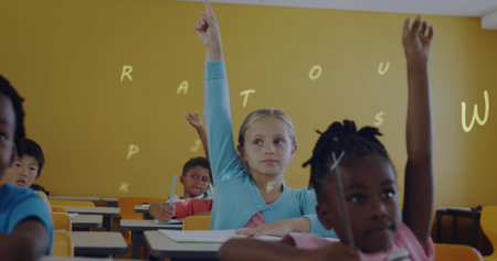 Diverse students in classroom, raising hands, eager to answer. A Caucasian girl with blonde hair and...
