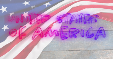 American flag, glowing United States of America in neon, serving as backdrop. Stars and stripes on flag, symbolizing freedom and unity, waving gentlyの写真素材