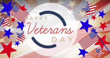 Happy Veterans Day text, surrounded by flags and stars, honoring holiday. Red and blue colors dominating, giving off patriotic vibeの写真素材