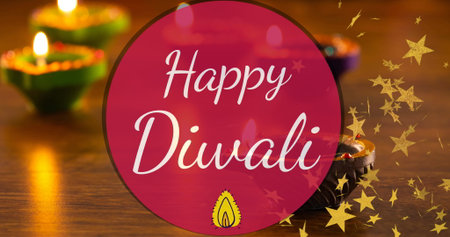 Happy Diwali message shining bright, surrounded by golden background. Golden stars twinkling around, enhancing festive moodの写真素材