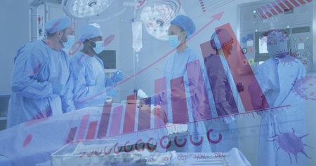 Diverse medical team wearing blue scrubs, performing surgery. Focusing on patient, surrounded by advanced medical equipmentの写真素材