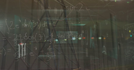 Complex math equations covering classroom window. Outside, city lights glowing, contrasting with sharp math scribblesの写真素材