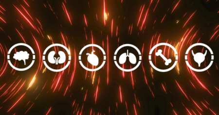 Five circular symbols with different fruits glow amid red light streaks. Symbols include apple,...