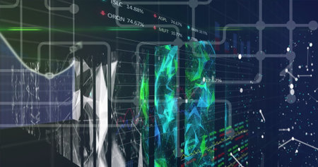 Man in suit analyzing digital stock market data on screens. Pointing at graphs, showing trends and...