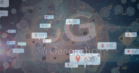 Floating digital icons and numbers are overlaying blurred background. Representing modern...