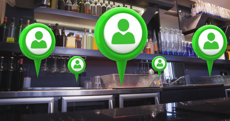 Three green icons representing people are floating above bar counter. Bottles and glasses, lining up...