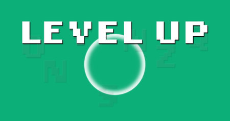 White text reading LEVEL UP appears above white sphere on a green background. The design suggests progress or achievement in gaming or personal developmentの写真素材