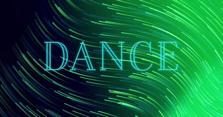 Bright green and blue lines swirling around word DANCE. Blue background displaying dynamic, glowing motion effectの写真素材