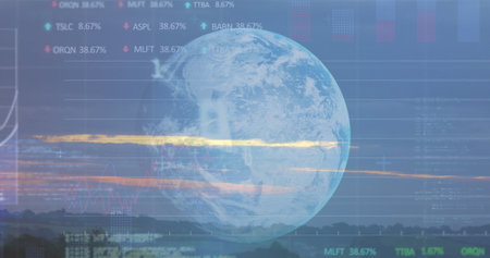 Transparent globe overlaying financial data displays, showing stock percentages. Bright colors and digital effects highlight global economic activitiesの写真素材