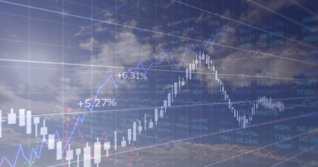 Stock market charts and numbers overlaying cloudy sky. Graphs showing growth and decline, reflecting...
