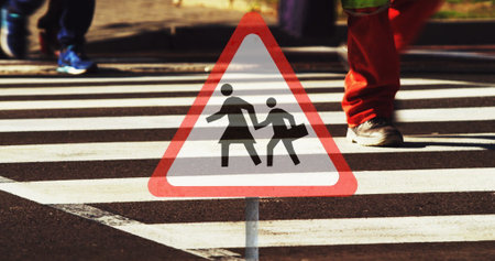 Image of road sign and road. Travel, transport and digital interface concept digitally generated image.の写真素材