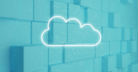 Image of digital neon cloud flickering and green blocks moving in background. Global data processing...