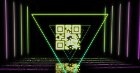 Image of triangles over qr code on black background. Global social media and digital interface concept digitally generated image.の写真素材