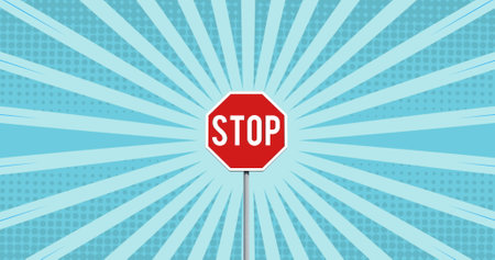 Image of road sign and shapes on blue background. Travel, transport and digital interface concept...
