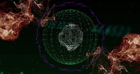 Digital globe displaying in center, surrounded by abstract data patterns. Holographic elements are...