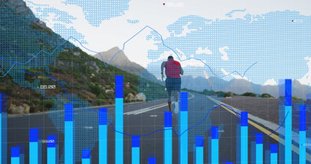 Biracial male trainer, wearing red, jogging on mountain road. Digital fitness tracking graphs surrounding him, enhancing his workout experienceの写真素材