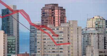 Red graph line overlaying cityscape, indicating downward trend. Buildings bathed in sunset light,...