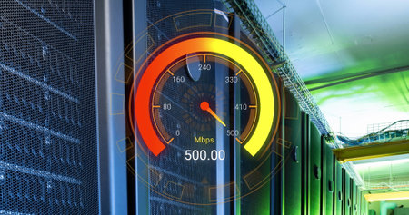 Image of data processing and server room over speedometer. Global business and digital interface...