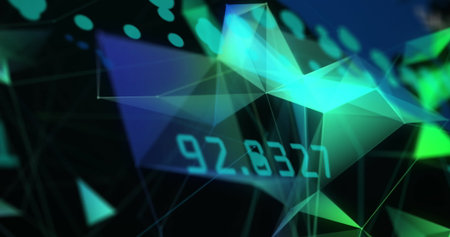 Geometric shapes, floating above digital surface, glowing subtly. Numbers mingling with vivid blue...