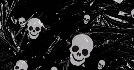 Image of falling skull icons over moving shapes. Halloween, tradition and celebration concept digitally generated image.の写真素材