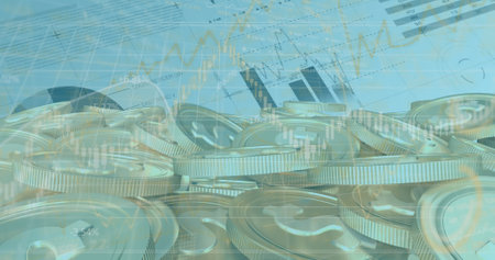 Image of financial data processing over money on blue background. Global business, finance and...