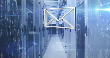Large email icon hovers in server room, symbolizing digital communication. Servers on either side...