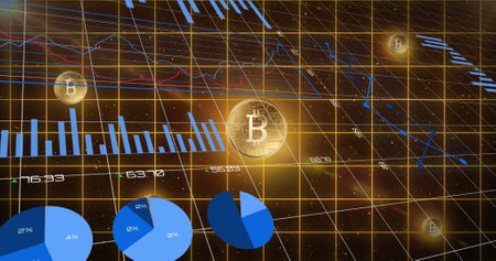 Image of statistics with bitcoins and data processing over grid. Global business, finance and data processing concept digitally generated image.の写真素材