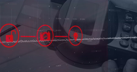 Image of connections with tech icons over diverse financial data and payment terminal. Economy,...