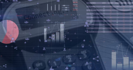 Image of financial data processing over caucasian man using computer. Global business finances...