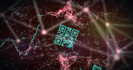 Image of flickering qr code over network of connections and neon lights. Global online security and data processing concept digitally generated image.の写真素材
