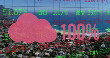 This image shows red and green numbers and stock market statistics rolling over a grid on a black background. A white cloud gradually fills with pink against a green background. Finally, an aerial view of a beautiful city and sea on a sunny day is shown in 4k resolution.の写真素材