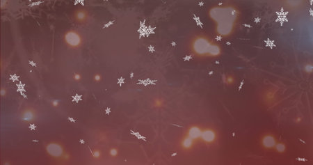 Image of snowflakes icons falling over spots of light against red background. Christmas festivity and celebration conceptの写真素材