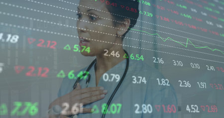 Image of financial data processing over diverse doctor and patient. Global finances, medicine and...